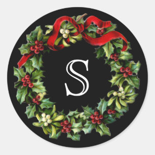 Monogram Letter Holly Wreath Christmas Runder Aufkleber