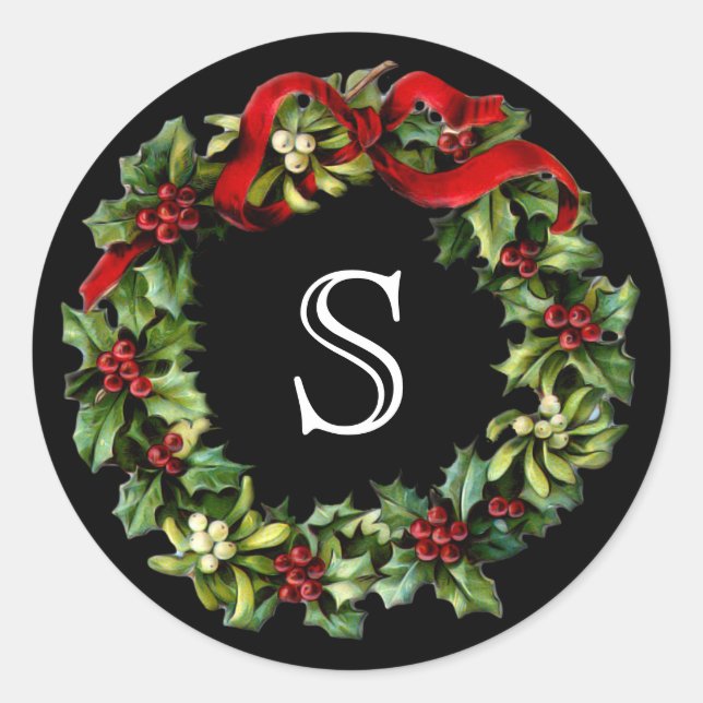 Monogram Letter Holly Wreath Christmas Runder Aufkleber (Vorderseite)