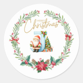 Monogram Letter J, Christmas Wreath w/Santa Claus Runder Aufkleber