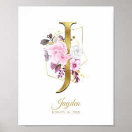 Monogram Letter J Gold Foil & Pink Floral Kinderzi Poster