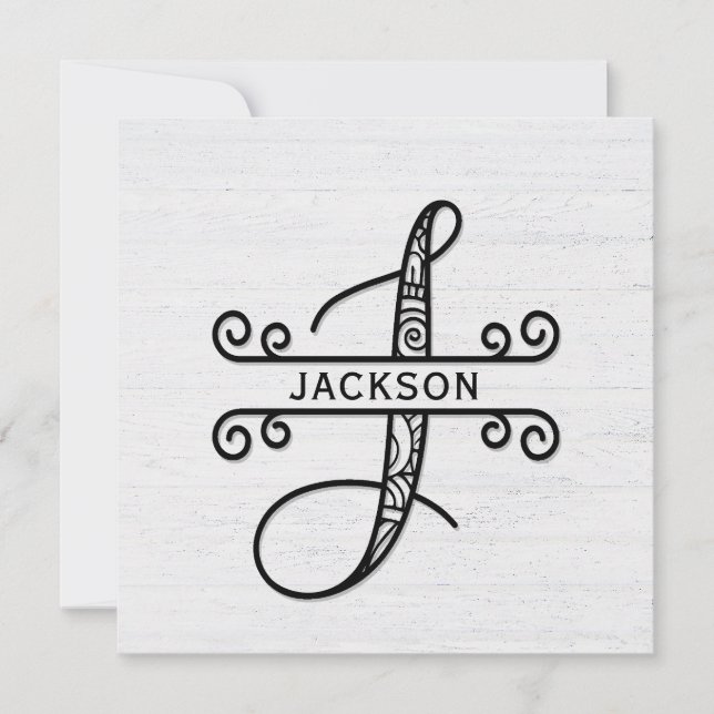 Monogram Letter J mit Familienname Note Card Mitteilungskarte (Vorderseite)