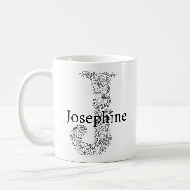 Monogram Letter J Schwarz-weiß Botanisch Floral Kaffeetasse (Links)