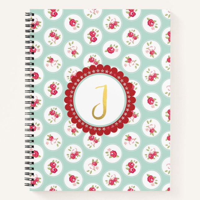 Monogram LETTER J Türkise Red Country Floral Notizbuch (Vorderseite)