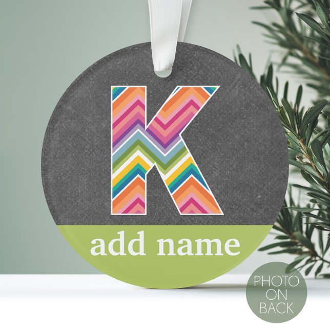 Monogram Letter K - Chalkboard and Bright Chevrons Ornament (Personalized Photo Ornament with a State Design on the Front and Photo on the Back)