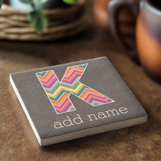 Monogram Letter K - Chalkboard and Bright Chevrons Steinuntersetzer (Custom Stone Coaster)