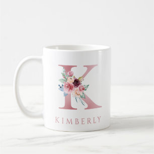 Monogram Letter K Floral Watercolor Coffee Tasse