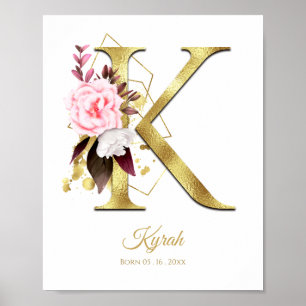 Monogram Letter K Gold Foil & Pink Floral Kinderzi Poster