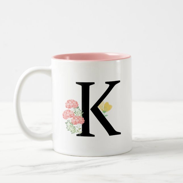 Monogram Letter K Wasserfarbe Rose Floral Spray Zweifarbige Tasse (Links)