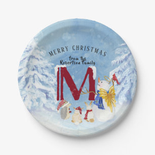 Monogram Letter M Angel Snowman Weihnachten Pappteller