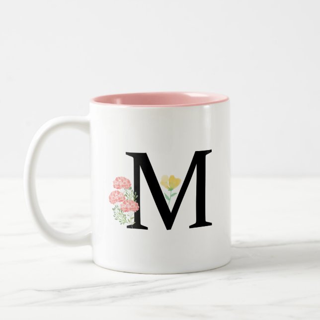 Monogram Letter M Aquarell-Rose Floral Spray Zweifarbige Tasse (Links)