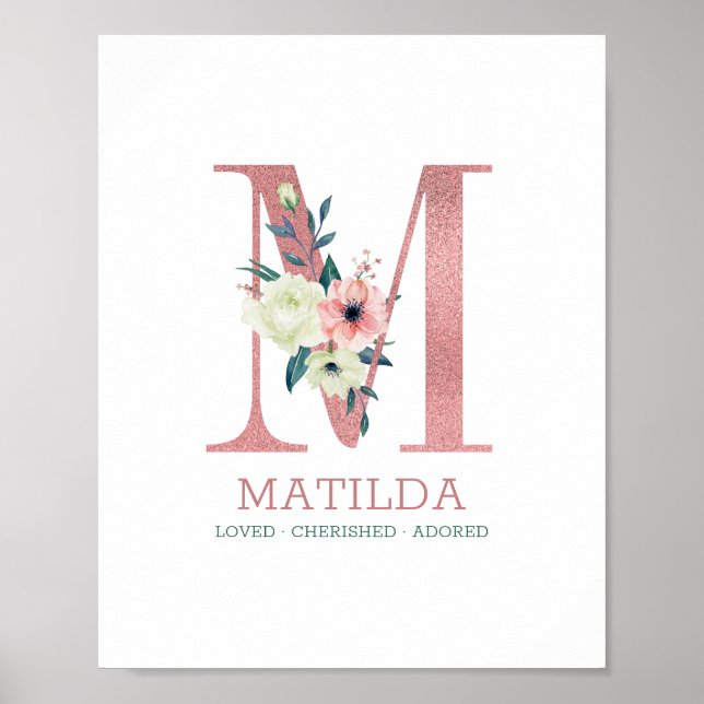Monogram Letter M Pink Watercolor Floral Kinderzim Poster (Vorne)