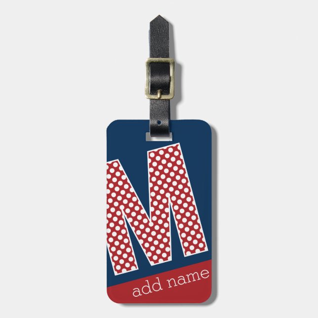 Monogram Letter M - Red and White Polka Dots Gepäckanhänger (Vorderseite vertikal)