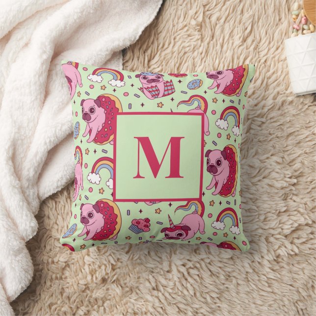 Monogram Letter Mops Donut Cupcake Niedlich Dog Mu Kissen (Decke)