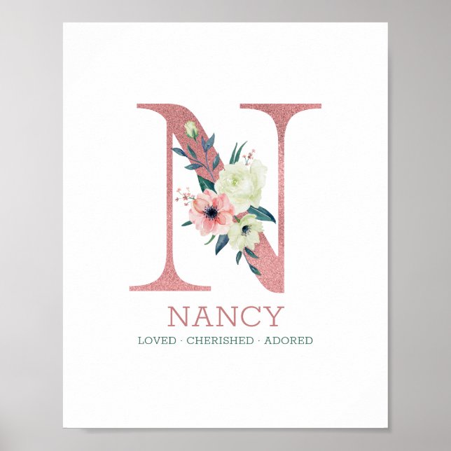 Monogram Letter N Pink Watercolor Floral Kinderzim Poster (Vorne)