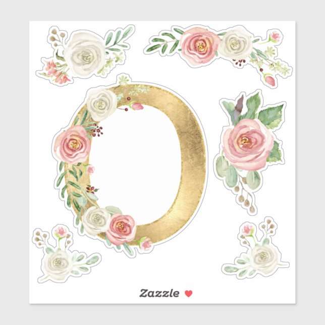 Monogram Letter O Pink Rose Floral Leaaf Wasserfar Aufkleber (Blatt)