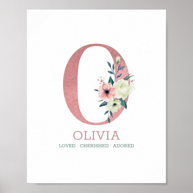 Monogram Letter O Pink Watercolor Floral Kinderzim Poster (Vorne)