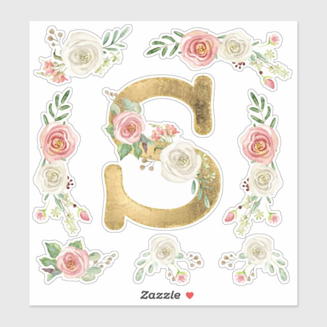 Monogram Letter S Pink Rose Floral Leaf Aquarell Aufkleber (Blatt)