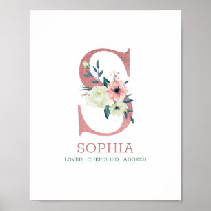 Monogram Letter S Pink Watercolor Floral Kinderzim Poster
