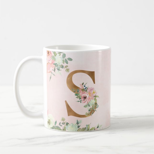 Monogram Letter S Watercolor Floral Coffee Tasse (Links)