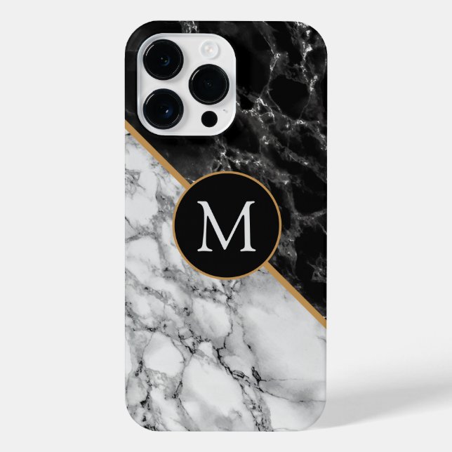 Monogram Letter Schwarz-weiß Marble Personalisiert iPhone Hülle (Rückseite)