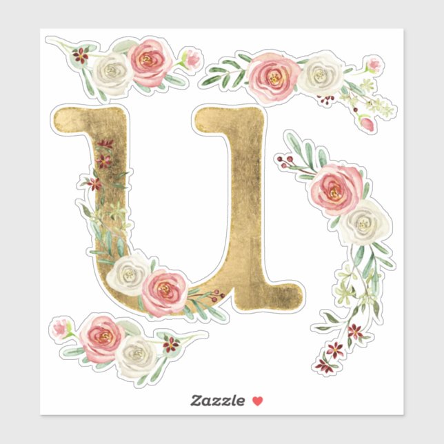 Monogram Letter U Pink Rose Floral Leaaf Wasserfar Aufkleber (Blatt)