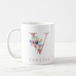 Monogram Letter V Floral Watercolor Coffee Tasse