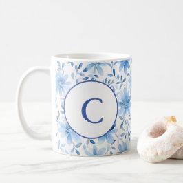 Monogram Letter Watercolor Spring Blue Flowers Kaffeetasse