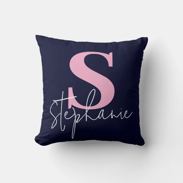 Monogram Lettered Script Navy Pink Throw Pillow Kissen (Vorderseite)