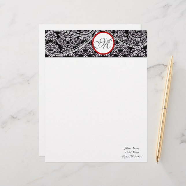 Monogram Letterhead Black und Gray Paisley Briefkopf (Vorderseite/Rückseite Beispiel)