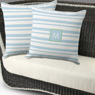 Monogram Light Blue und White Stripes Beach House Kissen