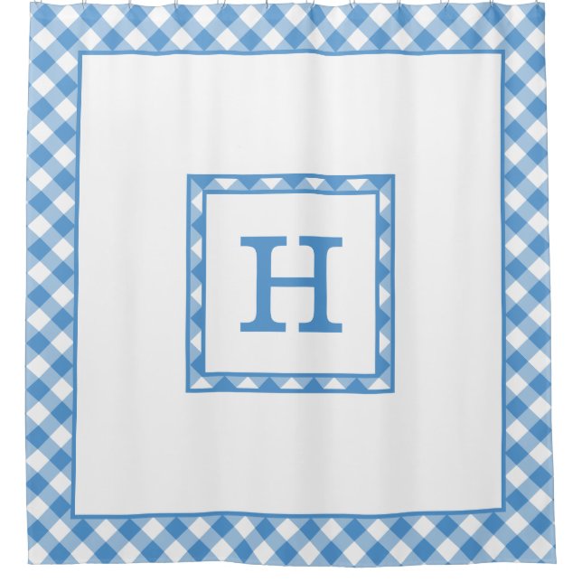 Monogram Light Blue White Buffalo Karo Border Duschvorhang (Vorderseite)
