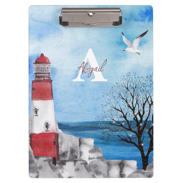Monogram Lighthouse Watercolor Scene Klemmbrett (Vorderseite)