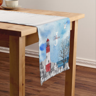 Monogram Lighthouse Watercolor Scene Kurzer Tischläufer
