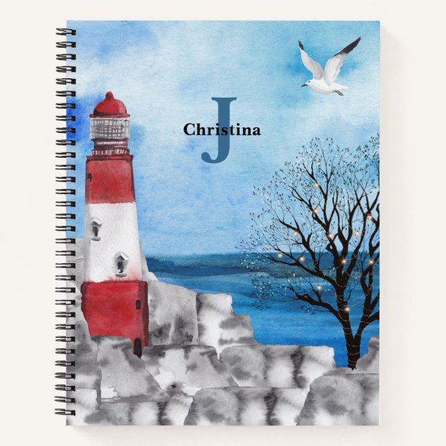 Monogram Lighthouse Watercolor Scene Notizbuch (Vorderseite)