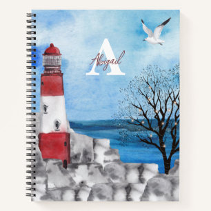 Monogram Lighthouse Watercolor Scene Notizbuch