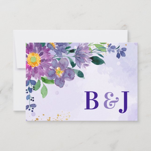 Monogram Lila Blue Floral Wedding RSVP Karte (Vorderseite)