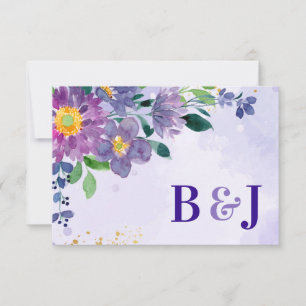 Monogram Lila Blue Floral Wedding RSVP Karte