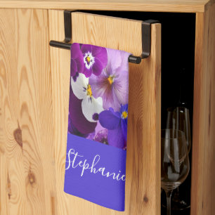 Monogram Lila Blue White Floral Pansa Blume Geschirrtuch