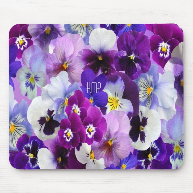 Monogram Lila Blue White Pansy Floral Blume Mousepad (Vorne)