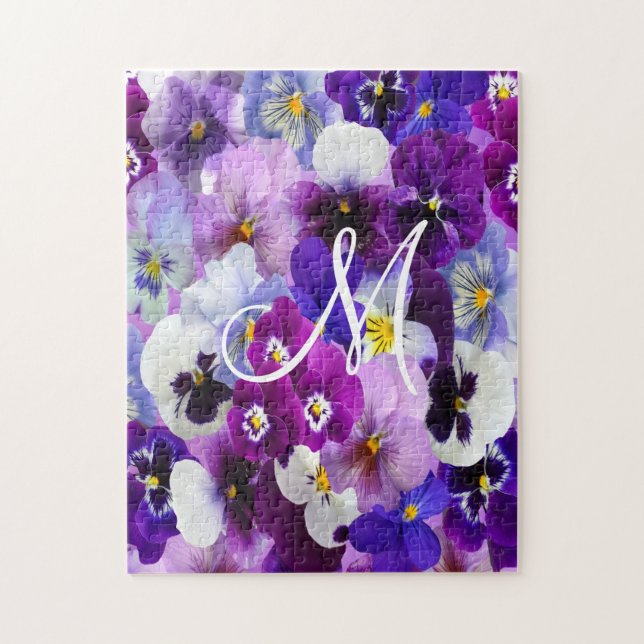 Monogram Lila Blue White Pansy Floral Blume Puzzle (Vertikal)