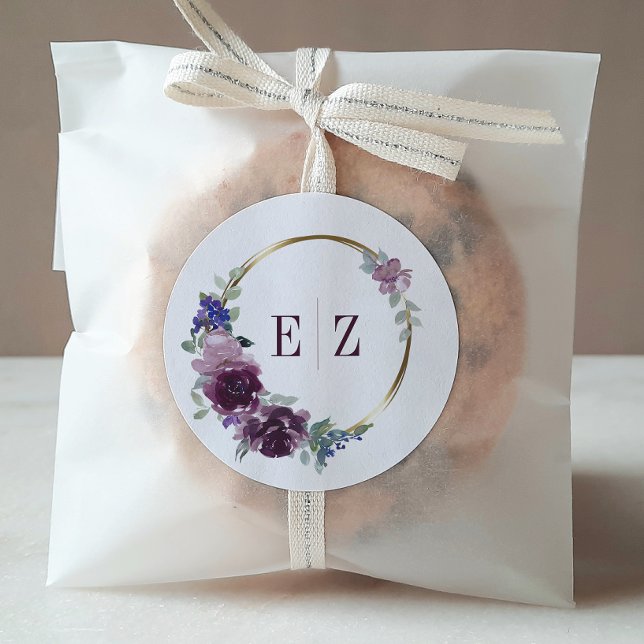 Monogram Lila Floral Boho Gold Frame Wedding Runder Aufkleber (Von Creator hochgeladen)