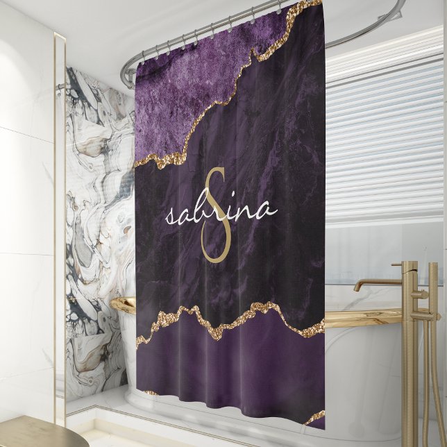 Monogram Lila Gold Agate Geode Duschvorhang (Von Creator hochgeladen)