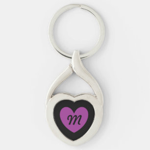 Monogram lila Herz auf Schwarz Schlüsselanhänger