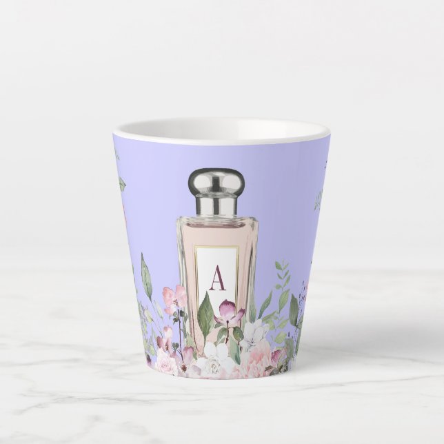 Monogram Lila Parfüm Flasche Hübsch Chic Milchtasse (Vorderseite)
