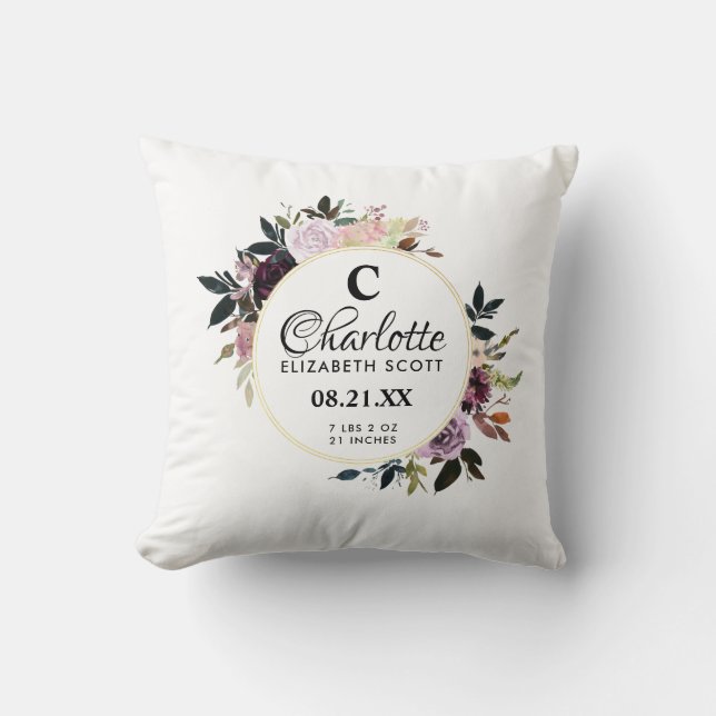 Monogram Lila Pink Floral Geburtsstunde Kissen (Vorderseite)