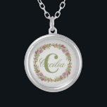 Monogram Lila Pink Green Floral Geschenk ihr Versilberte Kette<br><div class="desc">Personalisieren Sie diese Round Silver Necklace mit Ihrem Nachnamen oder Vornamen und Ihrem Initial. Sie können den Schriftart oder die Textfarbe ändern.</div>