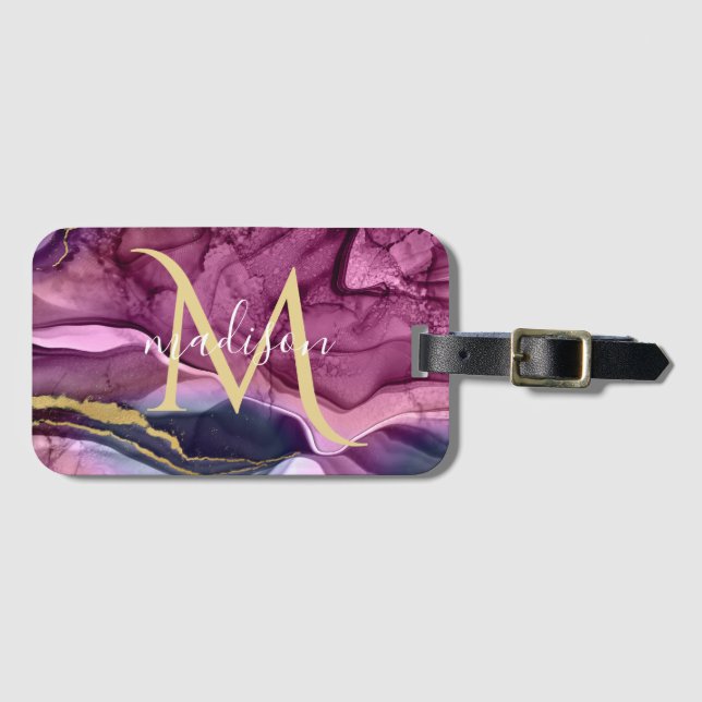 Monogram Lila Pink und Gold Agate Geode Gepäckanhänger (Vorderseite (Horizontal))