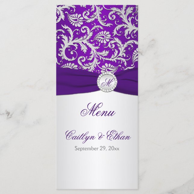 Monogram Lila und Silber Damask Menu Card Menükarte (Vorderseite)