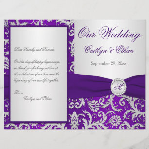 Monogram Lila und Silver Damask Hochzeitsprogramm