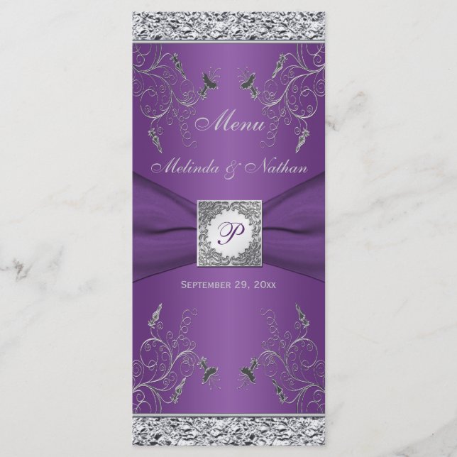 Monogram Lila und Silver Floral Menu Card Menükarte (Vorderseite)